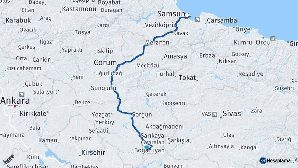 Yozgat Çandır Samsun Arası Kaç Km - Yol Haritası
