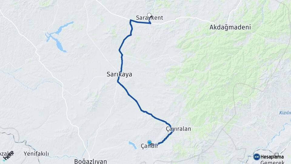 Yozgat Çandır Saraykent Arası Kaç Km - Yol Haritası