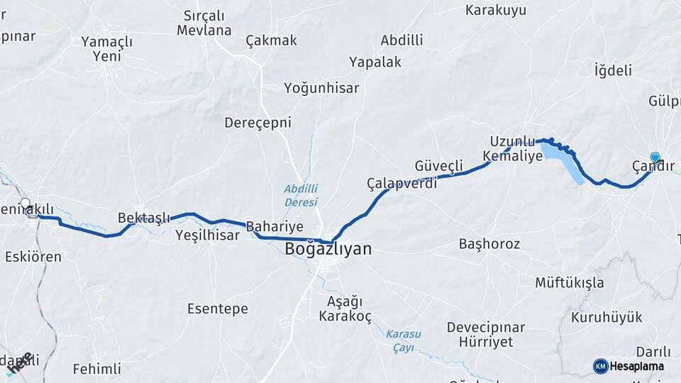 Yozgat Çandır Yenifakılı Arası Kaç Km - Yol Haritası