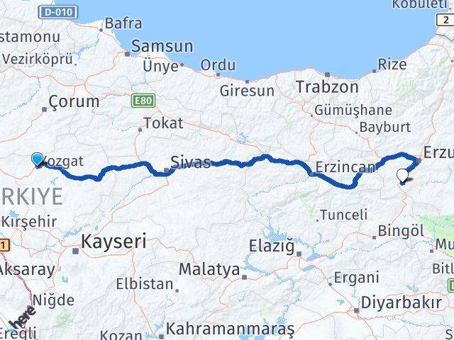 Yozgat Çat Erzurum Arası Kaç Km - Yol Haritası
