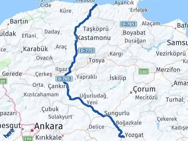 Yozgat Çatalzeytin Kastamonu Arası Kaç Km - Yol Haritası