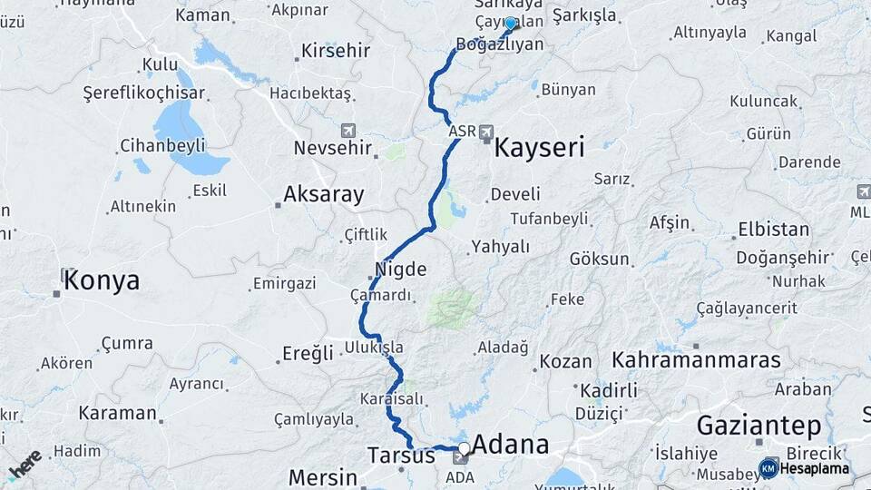 Yozgat Çayıralan Adana Arası Kaç Km - Yol Haritası
