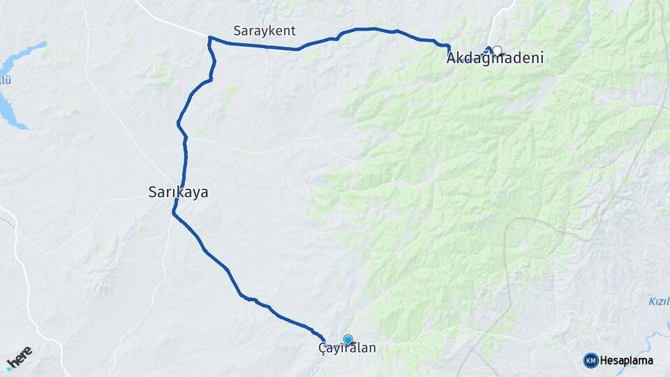 Yozgat Çayıralan Akdağmadeni Arası Kaç Km - Yol Haritası