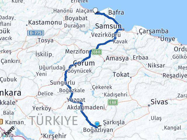 Yozgat Çayıralan Alaçam Samsun Arası Kaç Km - Yol Haritası