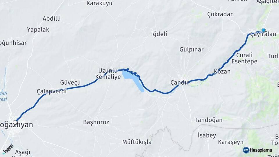 Yozgat Çayıralan Boğazlıyan Arası Kaç Km - Yol Haritası