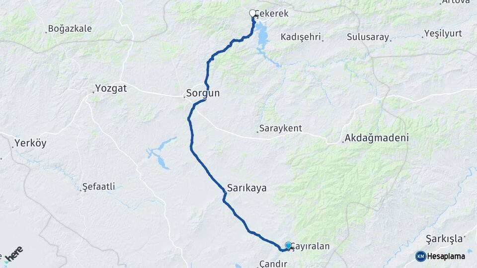 Yozgat Çayıralan Çekerek Arası Kaç Km - Yol Haritası