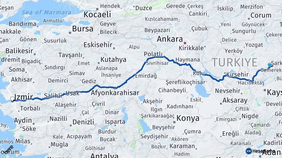 Yozgat Çayıralan İzmir Arası Kaç Km - Yol Haritası