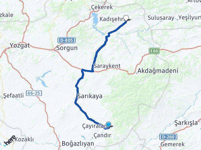 Yozgat Çayıralan Kadışehri Arası Kaç Km - Yol Haritası