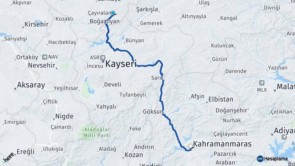 Yozgat Çayıralan Kahramanmaraş Arası Kaç Km - Yol Haritası