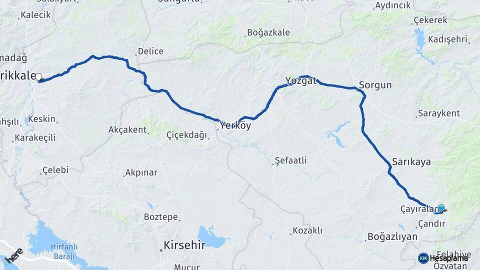 Yozgat Çayıralan Kırıkkale Arası Kaç Km - Yol Haritası