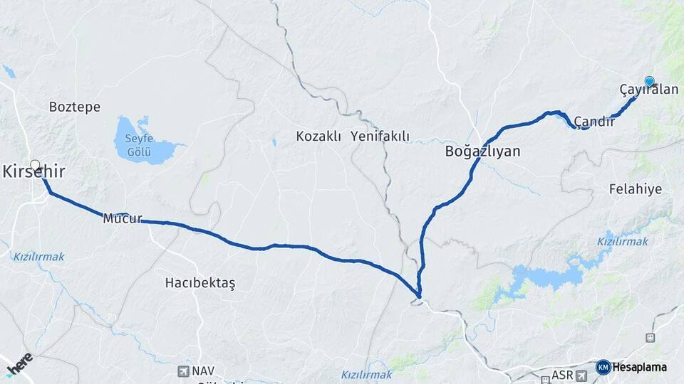 Yozgat Çayıralan Kırşehir Arası Kaç Km - Yol Haritası