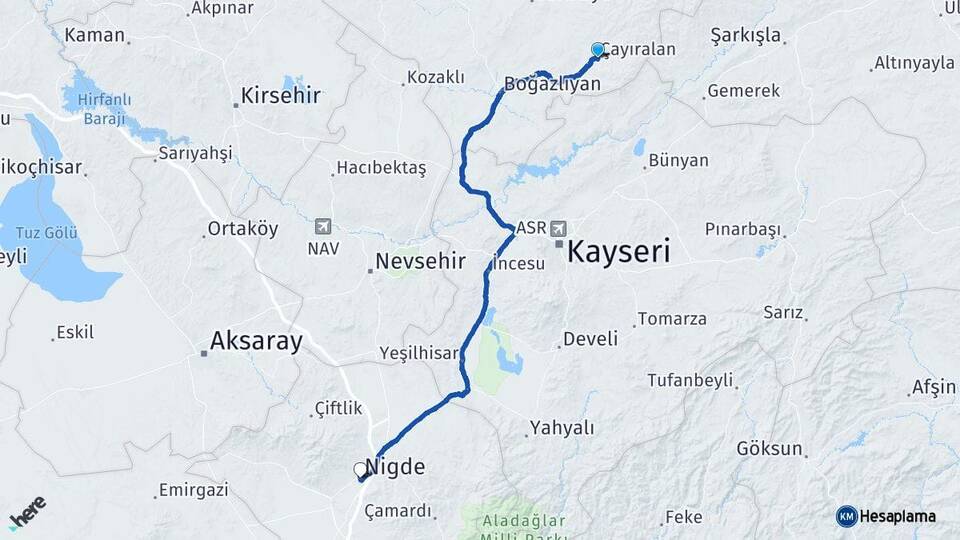 Yozgat Çayıralan Niğde Arası Kaç Km - Yol Haritası