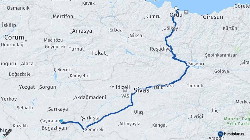 Yozgat Çayıralan Ordu Arası Kaç Km - Yol Haritası