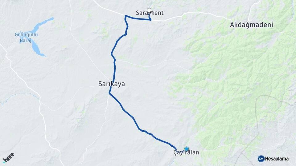 Yozgat Çayıralan Saraykent Arası Kaç Km - Yol Haritası