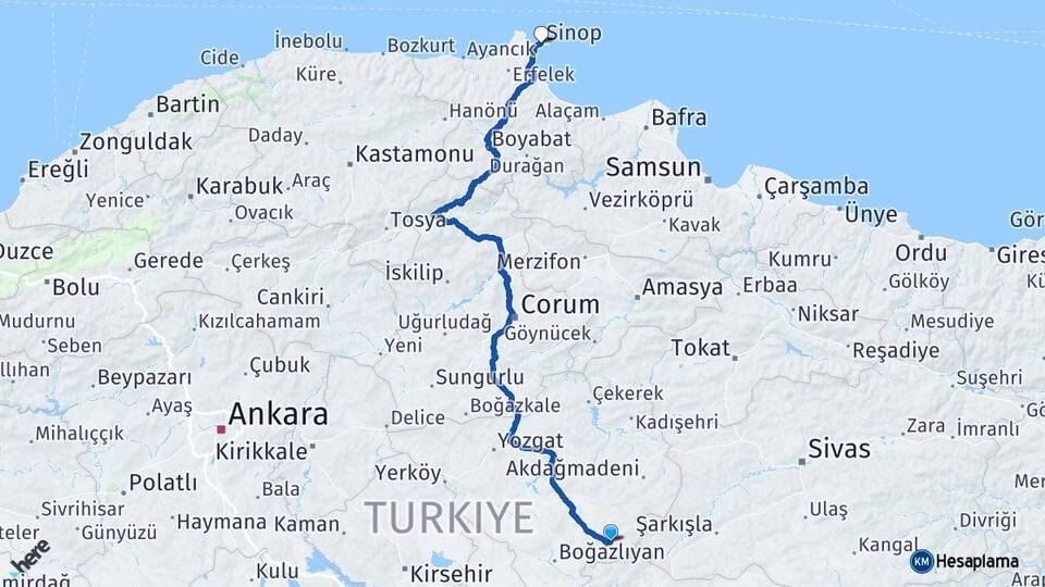 Yozgat Çayıralan Sinop Arası Kaç Km - Yol Haritası