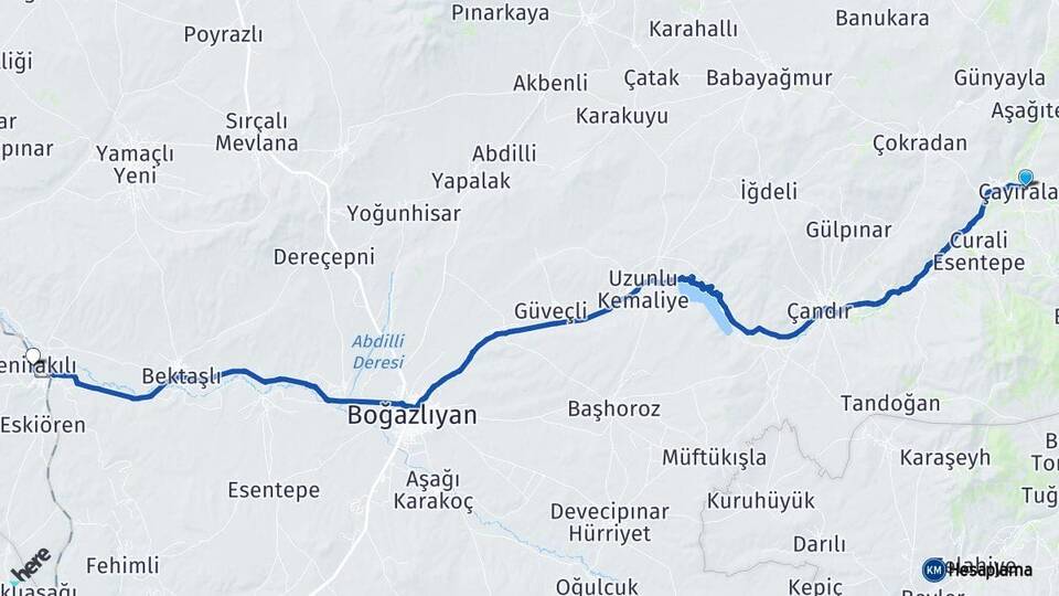 Yozgat Çayıralan Yenifakılı Arası Kaç Km - Yol Haritası