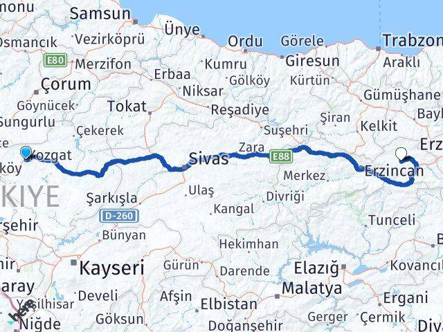 Yozgat Çayırlı Erzincan Arası Kaç Km - Yol Haritası