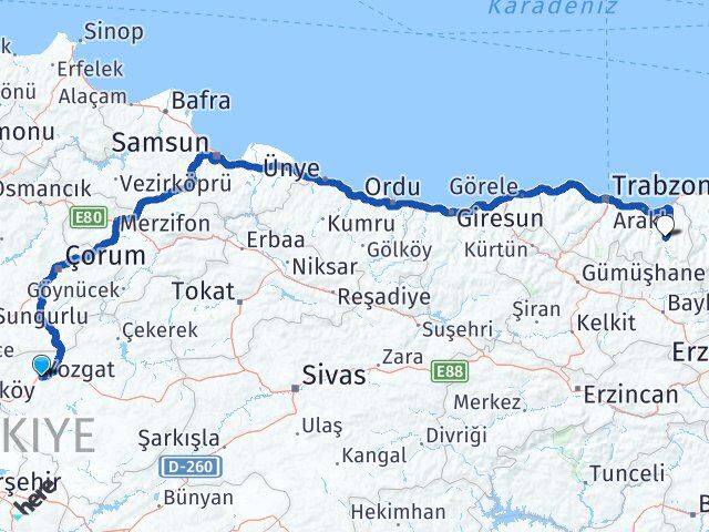 Yozgat Çaykara Trabzon Arası Kaç Km - Yol Haritası