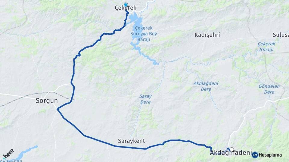 Yozgat Çekerek Akdağmadeni Arası Kaç Km - Yol Haritası