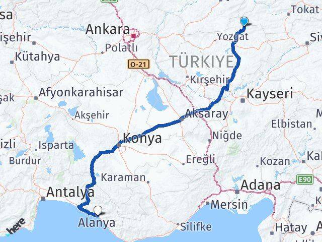 Yozgat Çekerek Alanya Antalya Arası Kaç Km - Yol Haritası