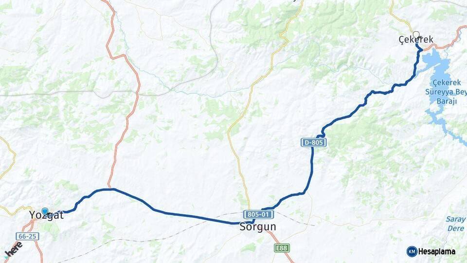 Yozgat Çekerek Arası Kaç Km - Yol Haritası