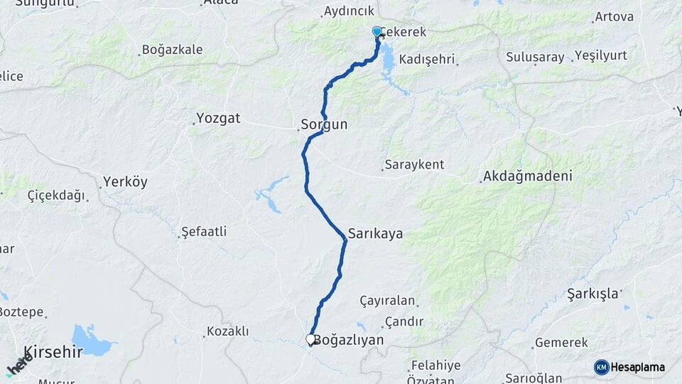 Yozgat Çekerek Boğazlıyan Arası Kaç Km - Yol Haritası