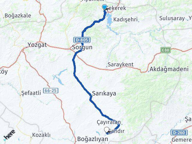 Yozgat Çekerek Çandır Arası Kaç Km - Yol Haritası