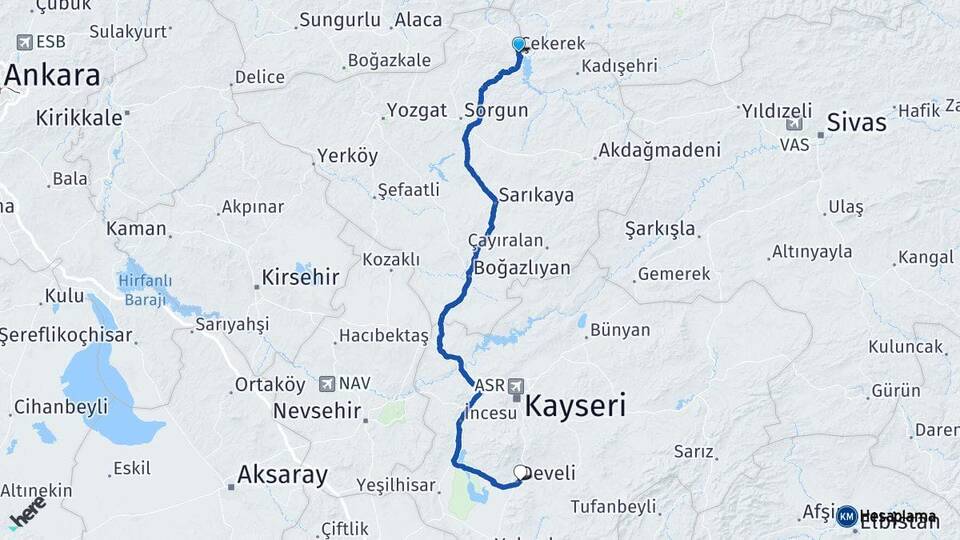 Yozgat Çekerek Develi Kayseri Arası Kaç Km - Yol Haritası