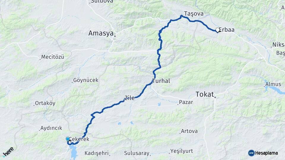 Yozgat Çekerek Erbaa Tokat Arası Kaç Km - Yol Haritası