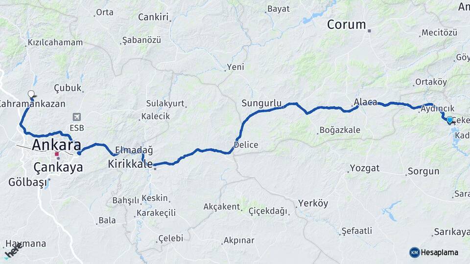 Yozgat Çekerek Kahramankazan Ankara Arası Kaç Km - Yol Haritası