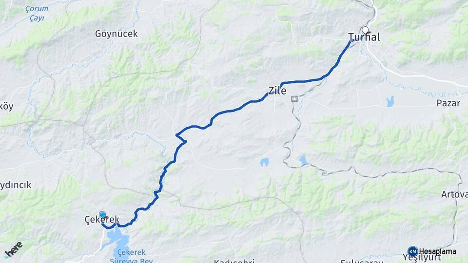 Yozgat Çekerek Turhal Tokat Arası Kaç Km - Yol Haritası