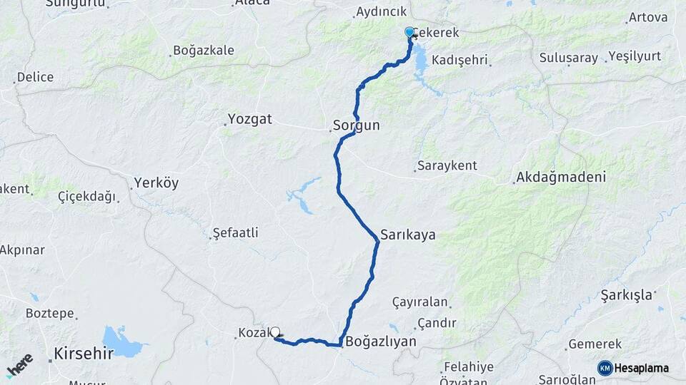 Yozgat Çekerek Yenifakılı Arası Kaç Km - Yol Haritası