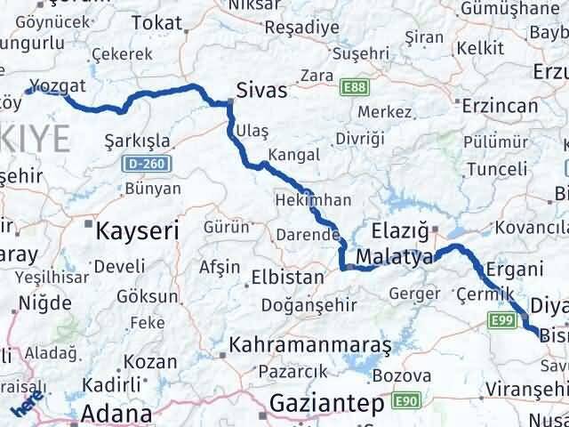 Yozgat Çınar Diyarbakır Arası Kaç Km - Yol Haritası