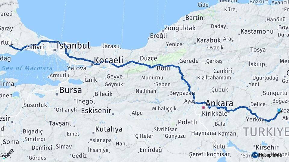 Yozgat Çorlu Tekirdağ Arası Kaç Km - Yol Haritası