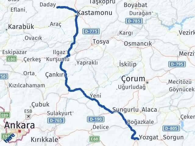 Yozgat Daday Kastamonu Arası Kaç Km - Yol Haritası