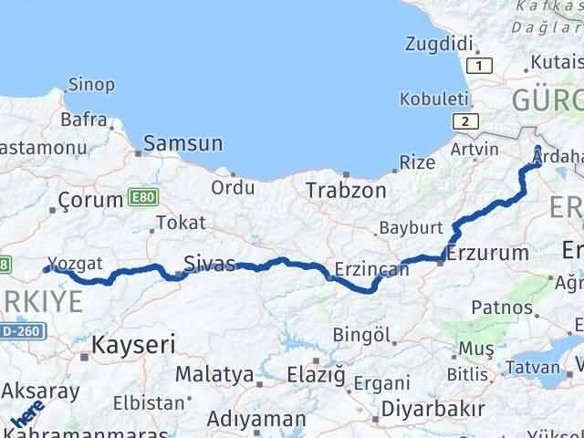 Yozgat Damal Ardahan Arası Kaç Km - Yol Haritası