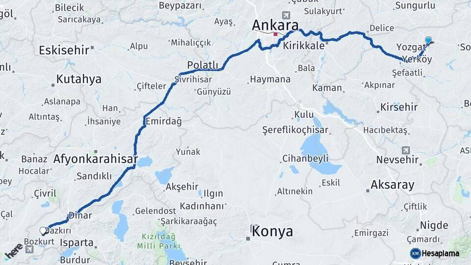 Yozgat Dazkırı Afyonkarahisar Arası Kaç Km - Yol Haritası
