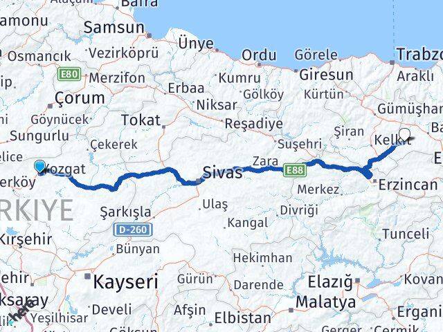 Yozgat Demirözü Bayburt Arası Kaç Km - Yol Haritası