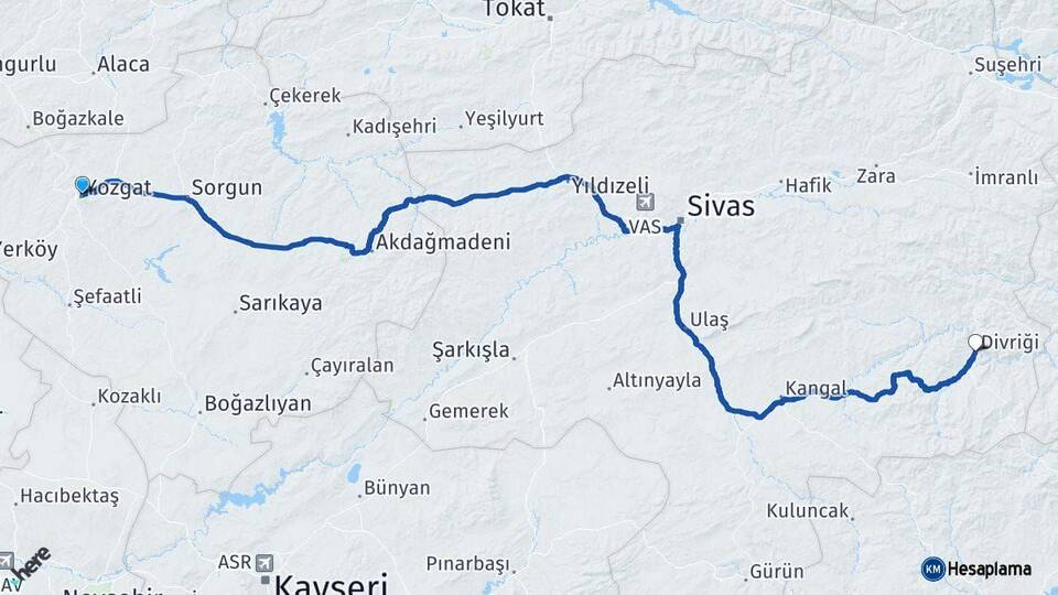 Yozgat Divriği Sivas Arası Kaç Km - Yol Haritası