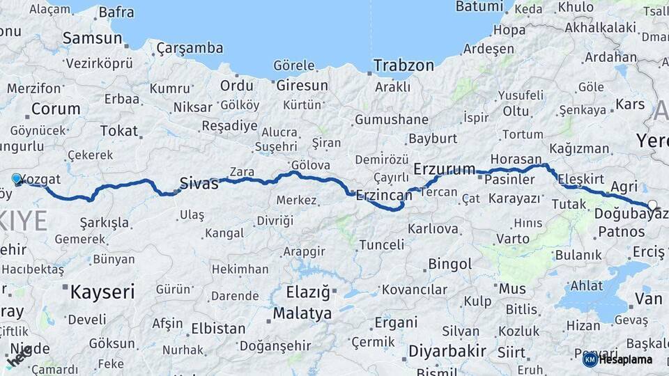 Yozgat Diyadin Ağrı Arası Kaç Km - Yol Haritası