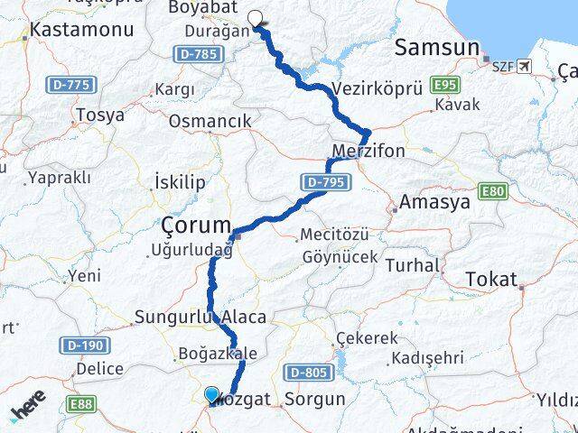 Yozgat Durağan Sinop Arası Kaç Km - Yol Haritası