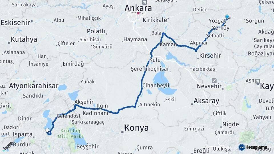 Yozgat Eğirdir Isparta Arası Kaç Km - Yol Haritası