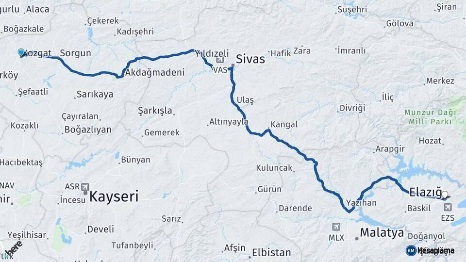 Yozgat Elazığ Arası Kaç Km - Yol Haritası