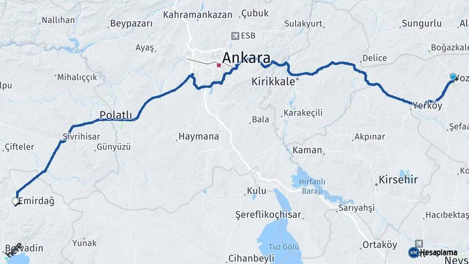 Yozgat Emirdağ Afyonkarahisar Arası Kaç Km - Yol Haritası