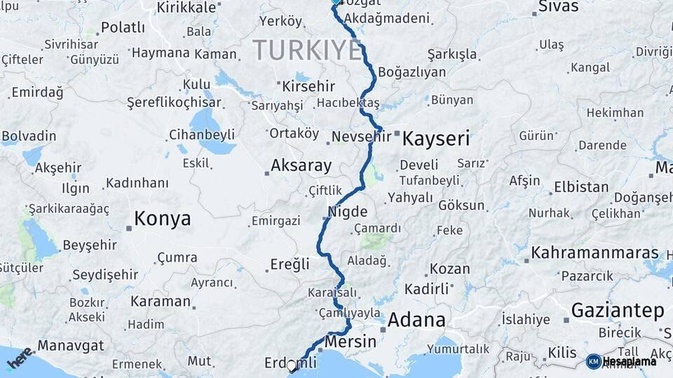 Yozgat Erdemli Mersin Arası Kaç Km - Yol Haritası