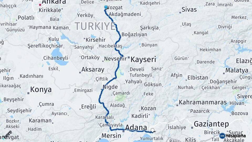 Yozgat Erzin Hatay Arası Kaç Km - Yol Haritası