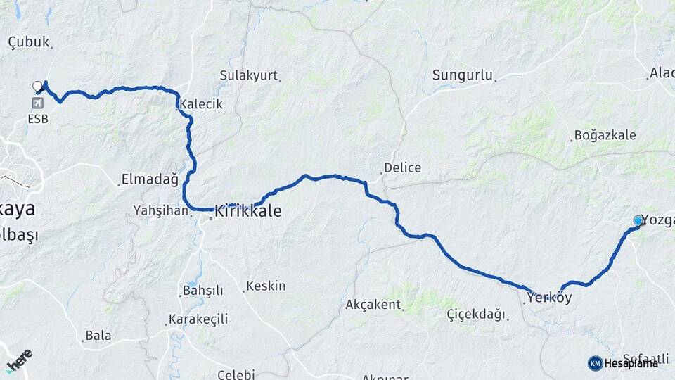 Yozgat Esenboğa Çubuk Ankara Arası Kaç Km - Yol Haritası