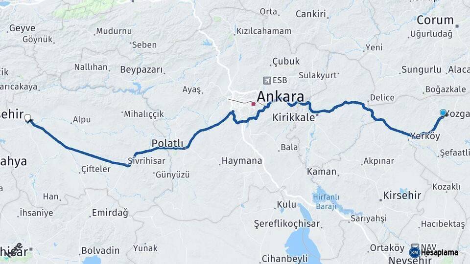Yozgat Eskişehir Arası Kaç Km - Yol Haritası