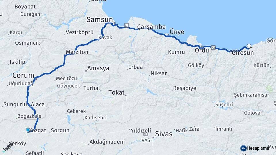 Yozgat Espiye Giresun Arası Kaç Km - Yol Haritası