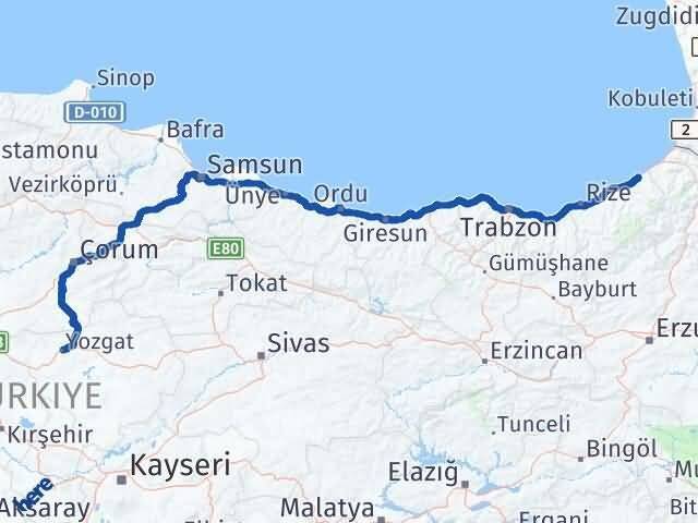 Yozgat Fındıklı Rize Arası Kaç Km - Yol Haritası